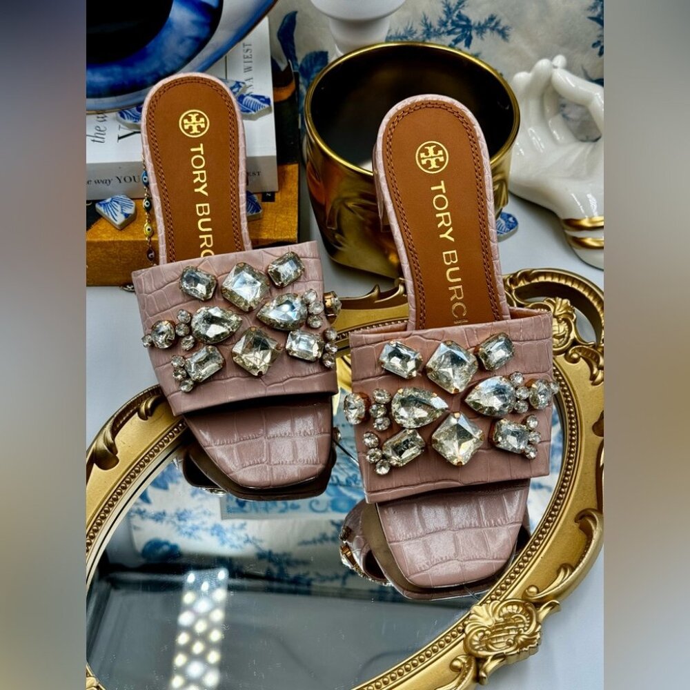 🆕 TORY BURCH 🧿 NWOT Martine 25mm Slides, Pink Croc Embossed Crystal Embellish - Picture 11 of 15